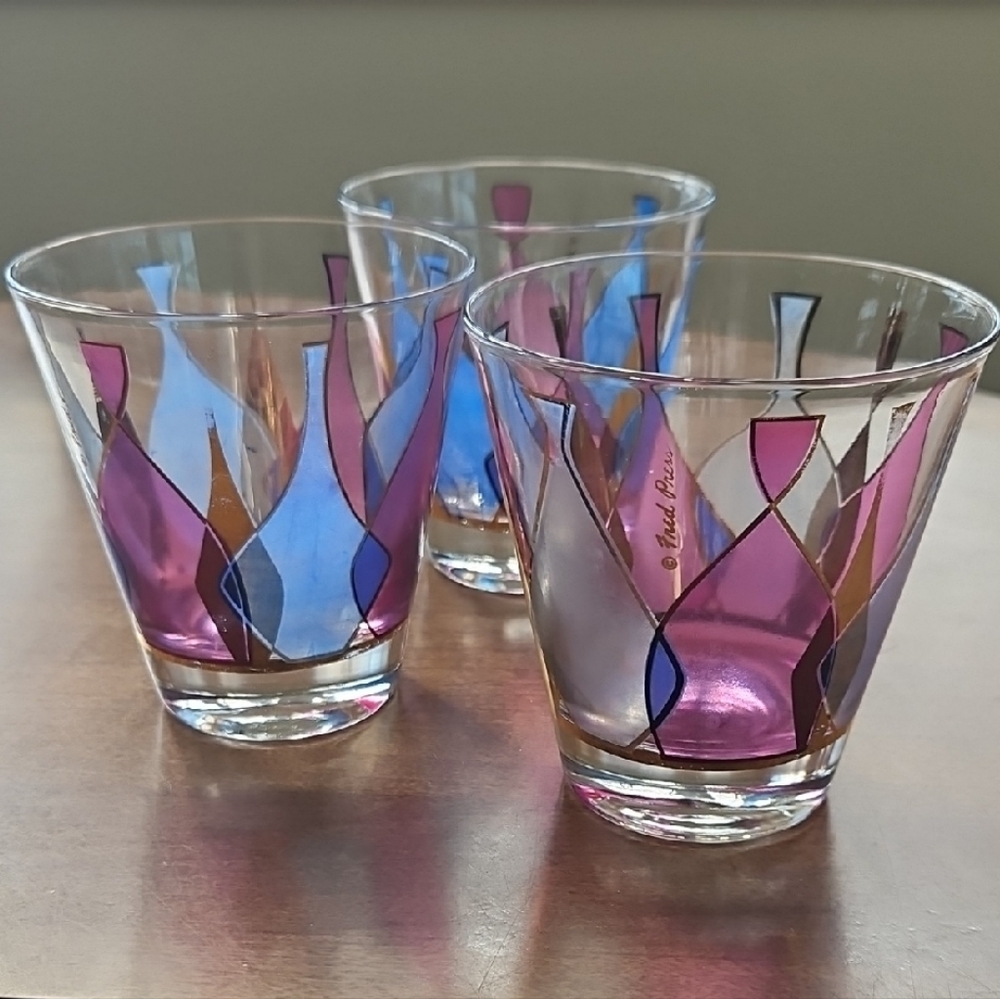 FRED PRESS Vintage Lowball Bar Glasses Painted, 22k Trim, Signed
